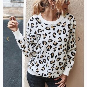 Leopard Print Crew Neck Sweater - Cream and Brown